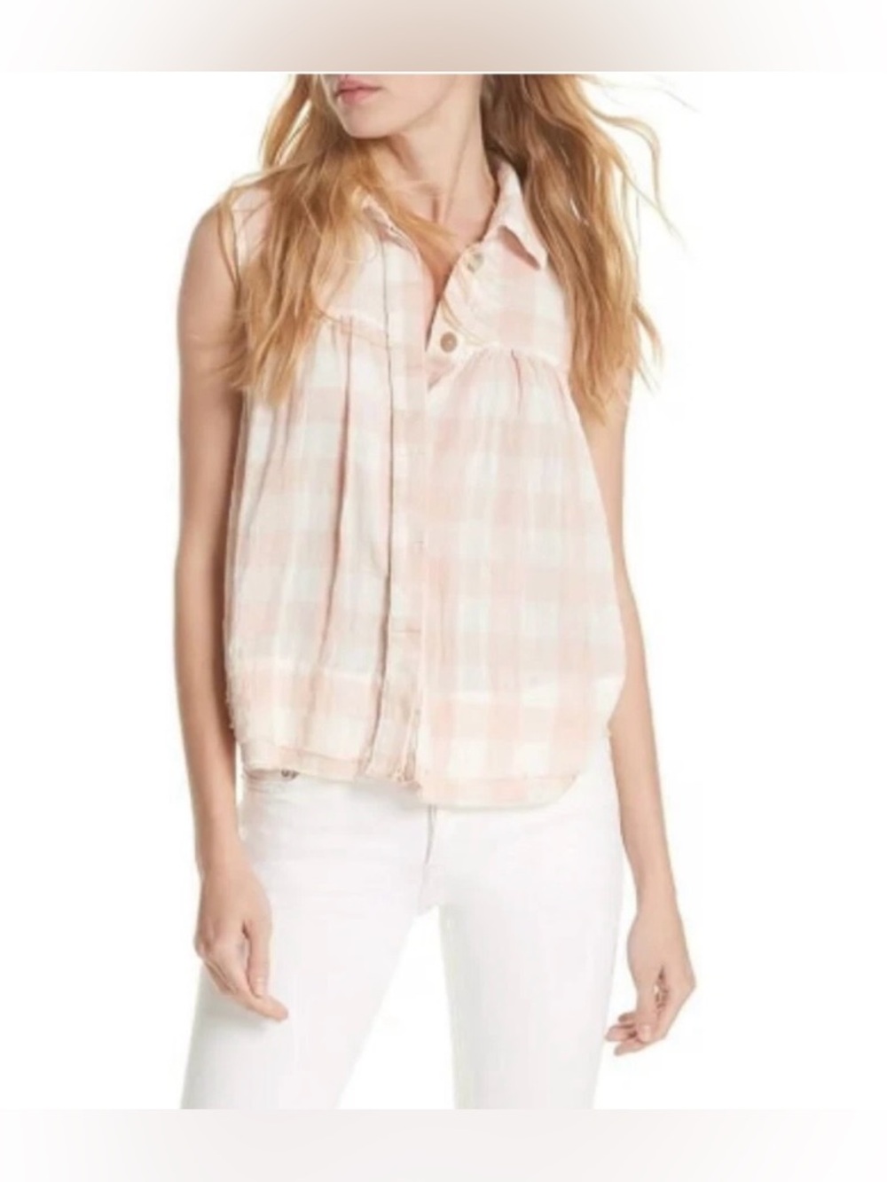Free People Hey There Sunrise Top Pink and White Gingham Sleeveless Button-Down